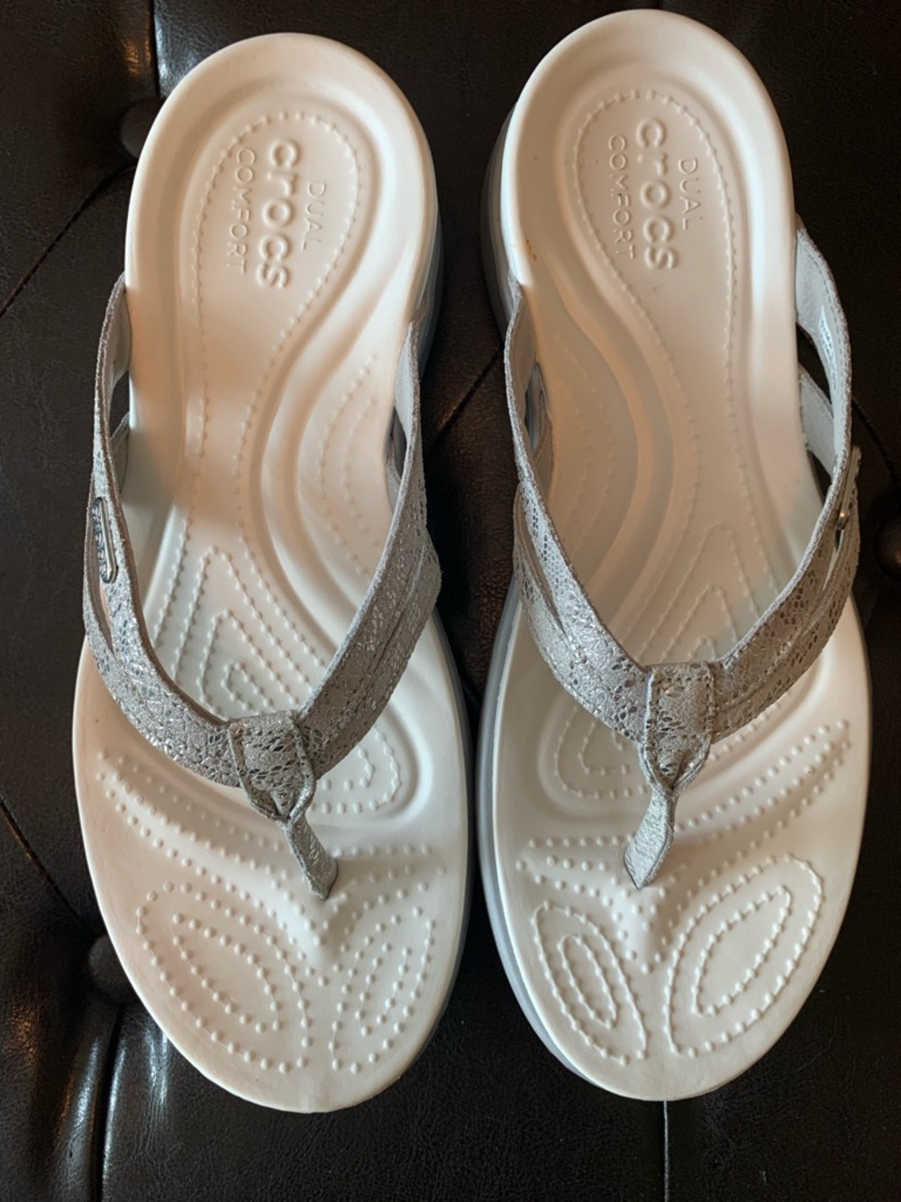 CROCS Women's White Footbed Sandals with Metallic Silver Straps